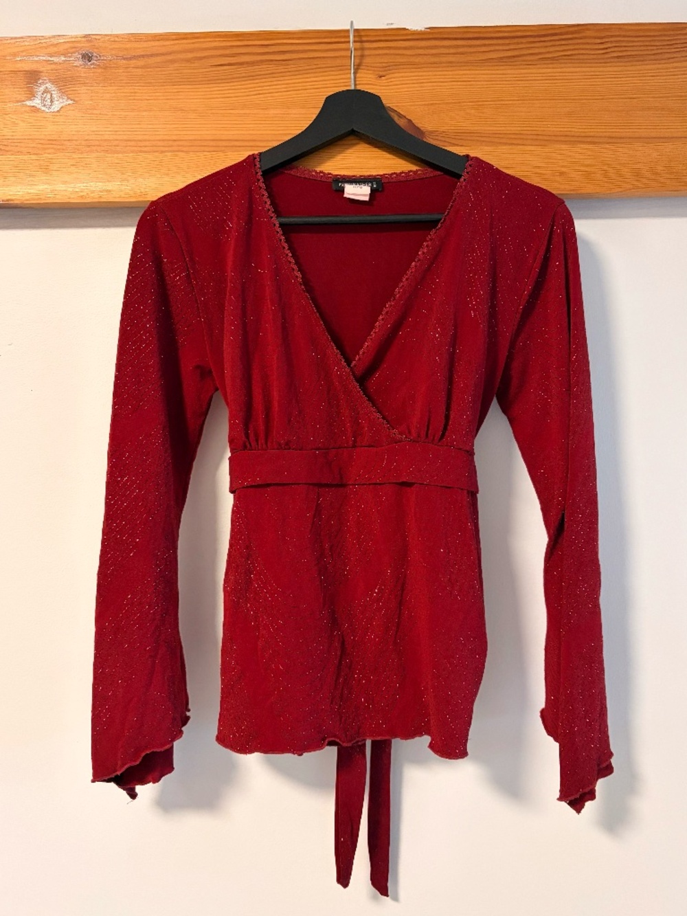 Fairweather Red Sparkly V-Neck Long Sleeve Top With Adjustable Waist Tie